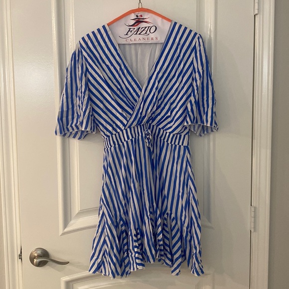 Women's Short Sleeve Striped Wrap Ruffle Hem Pleated Mini Dress - M - Picture 4 of 8